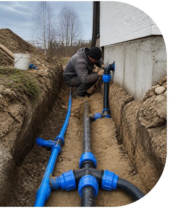 Монтаж наружного водопровода на участке под ключ в Колпине